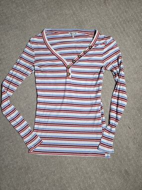 BKE Striped Ribbed Long-Sleeve V-Neck Top with Button Placket - Red, Blue, White